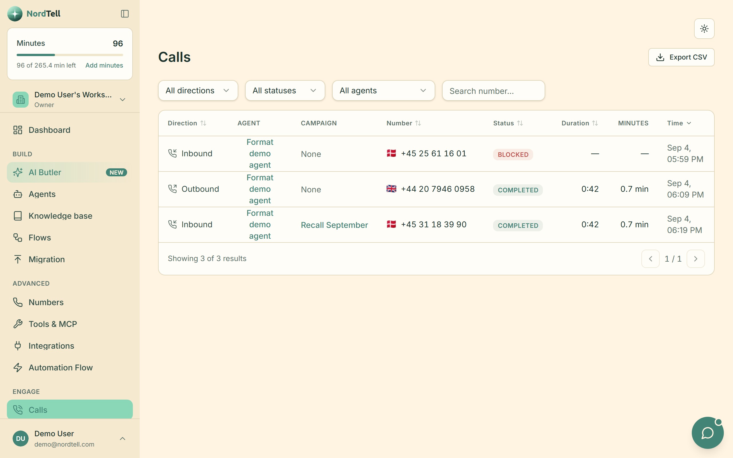 NordTell call overview