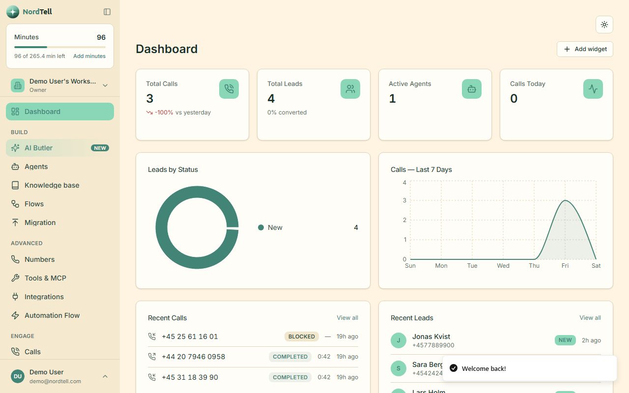 NordTell dashboard med opkald, leads og agenter